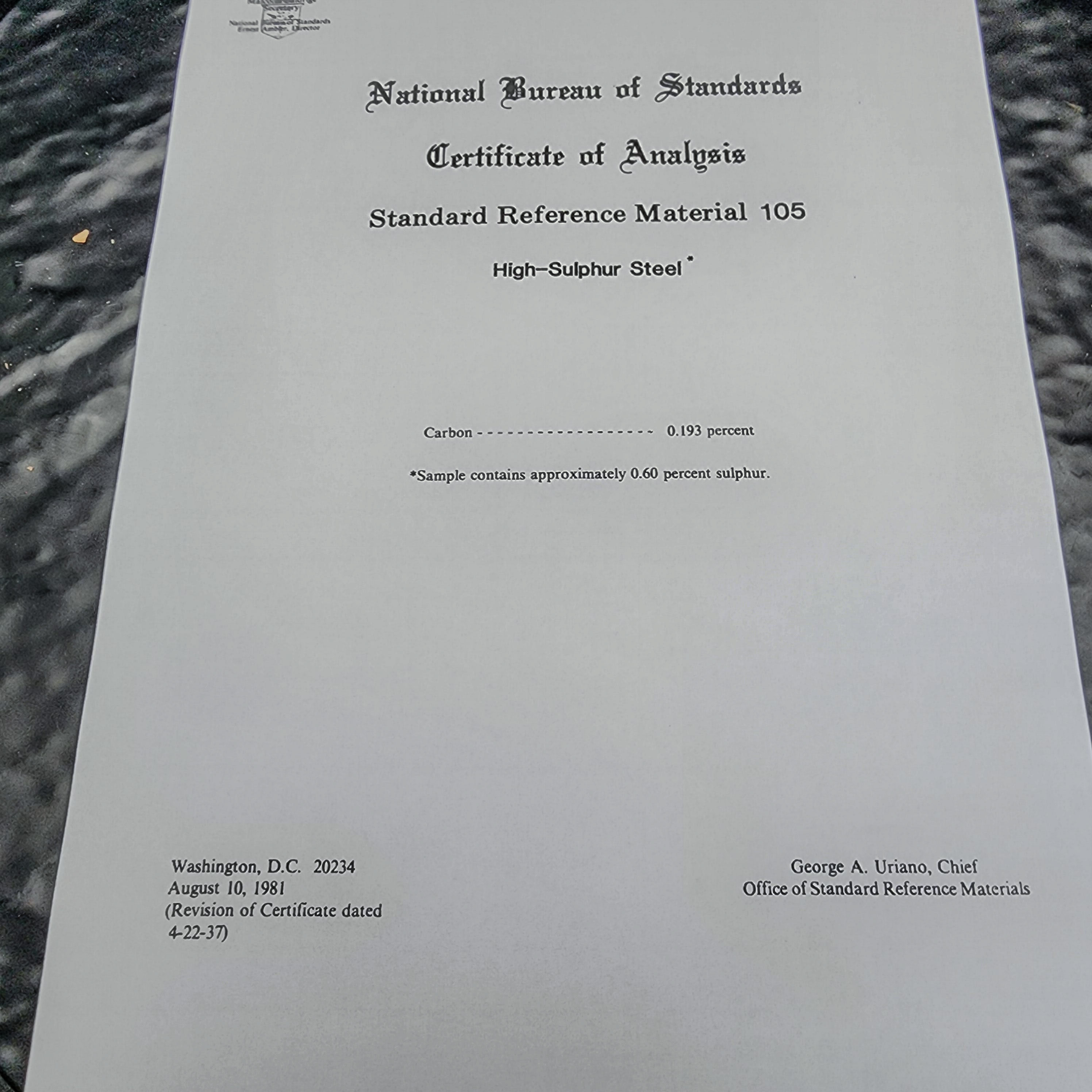 NBS/NIST Standard Reference Material 105LA High Sulfur Steel 0.2% 🔧 - Picture 8 of 8